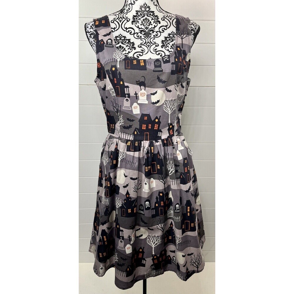 ModCloth Folter Pinup Halloween Dress Cartoon Haunted House Cat Bat Sz Large